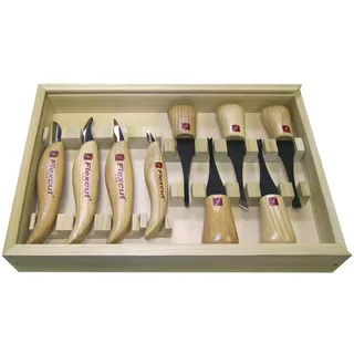 Flexcut Holzschnitzwerkzeuge, Deluxe-Handflächen- und Messer-Set, KN700, inkl. 4 Tranchiermesser und 4 Handflächenwerkzeuge, Messer mit Eschenholzgriffen und Klingen aus 1095 Hartstahl