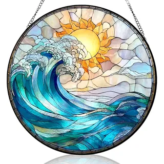 Sonnenuntergang Strand Sonnenfänger Fenster, Rundes Acryl Fensterdeko Hängend mit Kette, Suncatcher Deko, Perfekt Hängedeko für Wohnzimmer Garten Fensterscheibe Terrasse Wanddeko, 20x20 cm