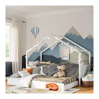 Bellabino Hausbett Bela 90x200 cm aus Massivholz Kiefer (weiß inkl. Gästebett 90x190 cm, optional mit Matratze), Kinderbett mit verstellbarem Rausfallschutz weiß