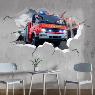tjapalo® P62 3D Wandtattoo Mit Namen Feuerwehr Auto Wandaufkleber Kinderzimmer Junge Wandsticker Feuerwehr Kinder, Größe: B64xH37cm
