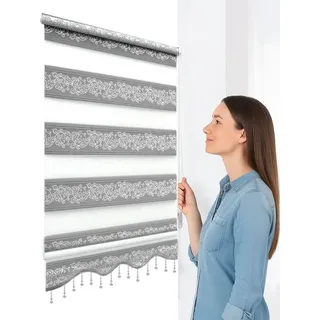 Doppelrollo ohne Bohren Klemmfix Rollos Grau Silber Zebra Rollo Jalousien Perlen 70 cm-200 cm - Grau