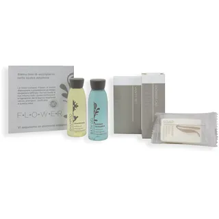 PRESENT-MORE - Hotel Gäste Set 40 Gäste Flower | Weißer Tee-Duft - Shampoo, Duschgel, Seife, Haube und Vanity - Für Hotel und B&B