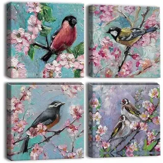 4-teilig Leinwandbilder Ölgemälde Blumen Vögel Wanddekoration 30x30cm