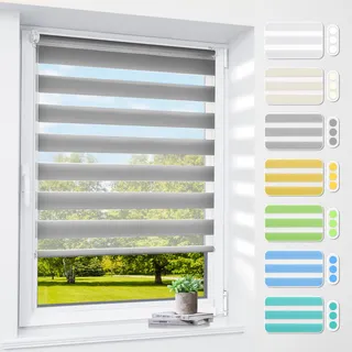 Doppelrollo klemmfix ohne Bohren & mit Bohren, 50x230cm (BxH) Stoffbreite 50 cm Grau, 3-in-1 Duo Rollo für Fenster & Tür, Fensterrollo innen lichtdurchlässig & verdunkelnd, Klemmrollo Rollos