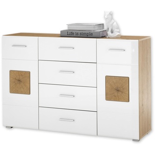 DEINE TANTE EMMA 36-191-T2 Georgia Artisan Eiche Nb. / Weiß Hochglanz Kommode Sideboard Beistellkommode mit Schubladen und 2 Türen ca. 140 x 92 x 40 cm