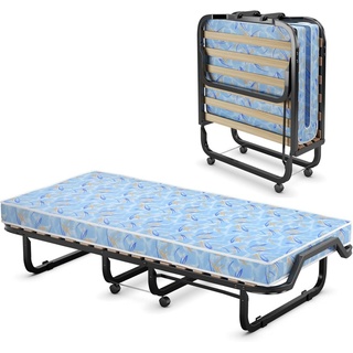 KOMFOTTEU Gästebett Einzelbett klappbar, 4 Universalrollen, 90×200 cm blau