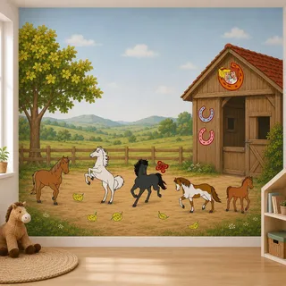 K&L Wall Art Wandtattoo Bibi & Tina Pferdeset mit Hufeisen | selbstklebender Pferde Aufkleber | Wandsticker Pony Stute Hengst, Klebebilder | Stickerbogen 14-tlg. (60x40 cm)