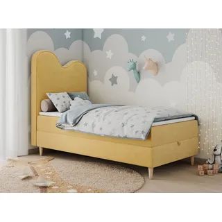 MKS MÖBEL Kinderbett FLOW (Set, Packung, H3-Matratze, Topper, Bettkasten, Jugendbett), Boxspringbett für Kinder, mit hohem Kopfteil, Einzelbett mit Matratze gelb