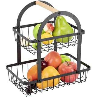 EliteHoff Obst Etagere 2 Stöckig | 2-stöckiger Obstkorb Rack, Gemüsekorb Edelstahl, Aufbewahrungskorb aus Metall für Obst, Gemüse, Brot, Snacks - Brotkorb Eckig, Drahtkorb für die Küche (Schwarz)