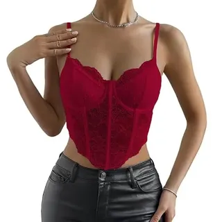 Haibang Damen Crop Top Spitze Sexy Spaghetti Bauchfrei Oberteile V-Ausschnitt Bralette Spitzen Corset Korsett Slim Fit Camisole Spitzentop Sommer Cami Tank Top - S