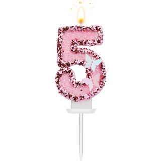8 X 5 cm Geburtstag Nummer Kerzen, Glitzernde Zahlenkerze Rosa Zahlenkerzen Kuchenaufsatz Schmetterlings-Geburtstagskerzen mit Pailletten für Jubiläumsfeiern (Nummer 5)