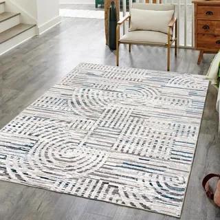 Mazovia Abstraktes Vintage Designer Teppich - Kurzflor - Weich Teppich für Wohnzimmer, Esszimmer - ÖKO-TEX Wohnzimmerteppich - Teppiche Beige Blau Grau 160 x 230 cm