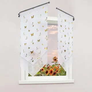 Delien Scheibengardinen 1 stück Voile Bistrogardinen Transparente Gardinen Doppelschicht Kurzgardinen mit Quaste »Schmetterling« Kurzstores Kurzvorhang mit Durchstangenzug BxH 80x150cm,Gold