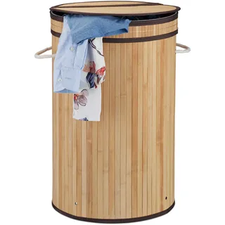 Relaxdays Wäschekorb Bambus, mit Klappdeckel, 65 l, faltbare Wäschetonne, rund Ø 40 cm, natur