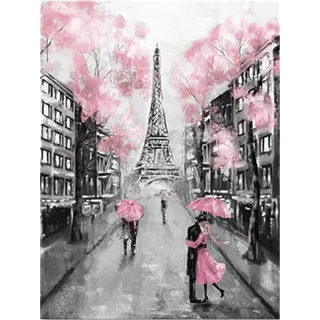 YEESAM ART Neuheiten Malen nach Zahlen Erwachsene Kinder, Paris Eiffelturm Romantisch Kirschblüte Rosa Blumen 40x50 cm Leinen Segeltuch, DIY ölgemälde Weihnachten Geschenke