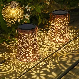 JOYCREATOR 2 Stück Solarlaterne für Außen Wasserdicht, Paisley Solar Laternen für Draußen Hängend, Metall Deko Solarlampen für Außen Garten für Terrasse Patio Baum Rasen Vintage