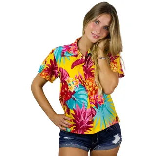 King Kameha Funky-Hawaii-Bluse-Hemd, Damen, Kurzarm, Pineapple, Gelb, S - S