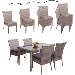 Poly-Rattan Garnitur MCW-G19, Sitzgruppe Balkon-/Lounge-Set, 4xStuhl+Tisch, 120x75cm ~ grau-braun, Kissen dunkelgrau