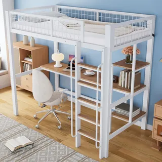 Merax Hochbett 90x200cm mit Schreibtisch & Lagerregal, Stabile Metallbett Etagenbett mit Lattenrost & Rausfallschutz, Platzsparend Funktionsbett Kinderhochbett Jugendhochbett, Eisen+MDF, Weiß+Natur