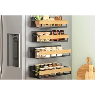 SONGMICS Gewürzregal magnetisch, 4er Set, Magnetregal, Gewürz Organizer | ohne Bohhren, für Küche, Kühlschrank, Mikrowelle, Waschmaschine, 2 große und 2 kleine Regale, tintenschwarz-bambus,KCS062BH01