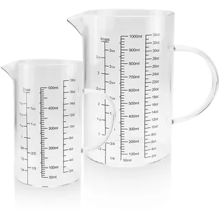 IIRC Messbecher Set, Messbecher Glas 500ml + 1L, Mit 3 Messskalen (Ml/Oz/Tassen), Für Backen und Kochen, Mikrowellengeeignet