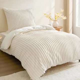 BEDELITE Flanell Bettwäsche 135x200 2teilig Plüsch, Fleece Winter Bettbezug | Cord Kuschelbettwäsche, Weich Flauschig und Warm, 1 Bettbezug 135x200 + 1 Kissenbezug 80x80, Cremeweiß