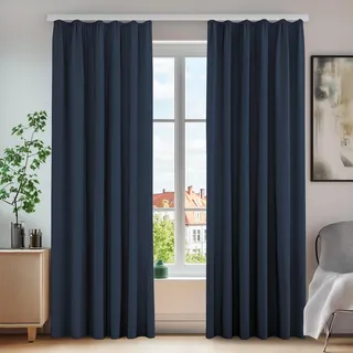 Deconovo Vorhang Blickdicht Gardine Lärmschutz mit Kräuselband Winter Thermo, 245x140 cm(HöhexBreite), Dunkelblau, 2er Set