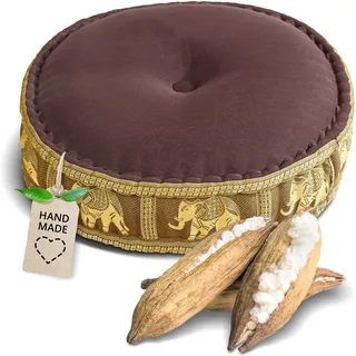 livasia Meditationskissen mit Thaiseide - Ø 45x15cm - Yogakissen mit Kapok, Pouf, Bodenkissen für Yoga und Zen Meditation, Sitzkissen für Garten und Balkon, Zafukissen (Braun/Gold/Elefanten Seide)