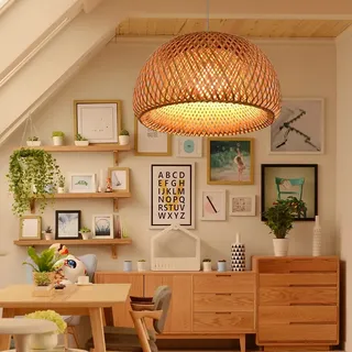 FWX Rattan-Lampe E27 Pendelleuchte Landhausstil Vintage Hängeleuchte Handgewebt Pendellampe Bambus Lampenschirm Höhenverstellbare Retro Kronleuchter Esszimmer Küche Hängend Decke Lampe(Größe:60cm)