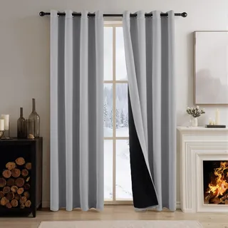 PONY DANCE Thermovorhang 2er Set 100% Blickdichte Vorhänge Wohnzimmer | H 200 x B 140 cm, Silbergrau, Doppellagig, Ösenschal, Kälteschutz, Verdunklungsvorhänge, Dick, Schwer, für Schlafzimmer