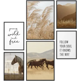 Papierschmiede® Mood Poster Set Wild and Free, Deko Bilder Wohnzimmer, 2x 30x40 cm und 4x 20x30 cm, Home Decoration Boho Style Boho Pferde Weide Getreide Beige - Wandposter ohne Rahmen