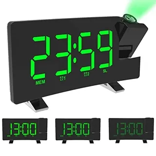 ALLOMN Projektionswecker, Digitaler FM Wecker Curved Screen FM Radio / Zeitprojektion / einstellbarer Projektor / Schlummer / Doppelalarm / USB-Ladeanschluss / 12/24-Stunden / Dimmer (Grün)
