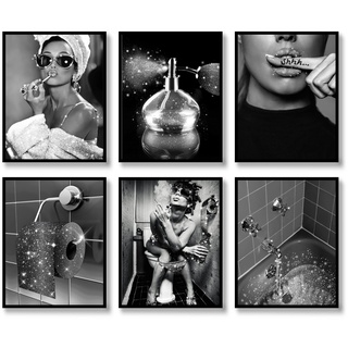 Modische Wandkunst, Badezimmer-Wanddekor-Drucke, Set mit 6 schwarzen und weißen Glitzer-Leinwandpostern, Fotos, Bilder, Badezimmer, Kunstwerk, Wand, moderne Frauen, lustige Badezimmer-Dekoration