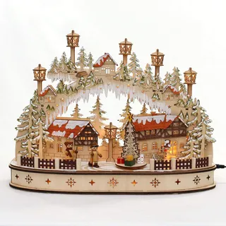 Dekohelden24 LED Holz Schwibbogen mit bewegtem Weihnachtsbaum Motiv: Schneemann 45 x 12 x 35 cm