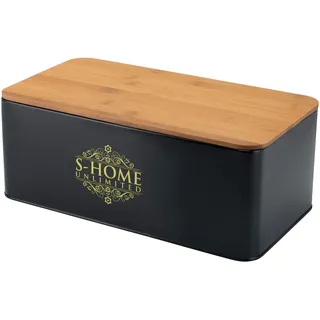 S-Home Unlimited Brotkasten Metall Schwarz mit Bambusdeckel | 2-in-1 Brotbox & Schneidebrett | Belüftete Brotaufbewahrung für frisches Brot