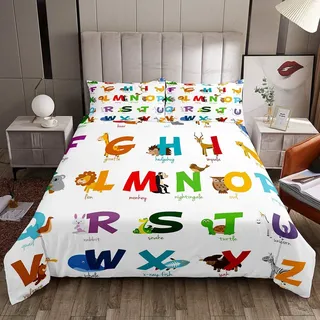 Loussiesd Einhorn-Bettwäsche-Set für Mädchen Jungen Kinder Cartoon-Giraffe Koala Bettbezug Dekorativer Niedlicher Tier-Alphabet Bettbezug Kleinkind Flamingo Pinguin Tagesdecke Einzelgröße 2-teilige