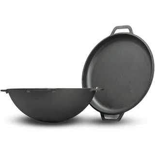 4BIG.fun Gusseisen Kazan 15 L Schwenktopf Kasan mit Deckel-Bratpfanne Wokpfanne Grill Cast Iron Campingtopf Kessel Asia Wok Traditioneller Gusstopf Grillwok