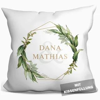 personalisierbares Kissen zur Hochzeit, Hochzeitskissen Auto Hochzeits-Geschenk Standesamt Kirchlich Freie Trauung, Kissenhülle mit Füllung, Kissen mit Namen und Datum weiß 40cm x 40cm (Grün)
