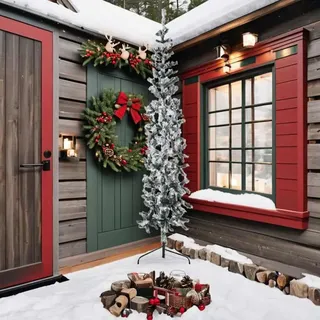 HOMIUSE Künstlicher Halb-Weihnachtsbaum mit Schnee Schlank 240 cm Grün & Weiß Festive Weihnachtsbaum Künstlich Ideale für Zuhause Büro Geschäft Weihnachtsdekoration PVC Material Wiederverwendbar