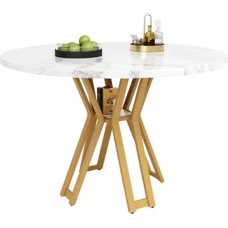 OKWISH Esstisch rund 100x100x76 cm Gold+Weiß mit MDF Tischplatte in Marmoroptik, Metallgestell, verstellbaren Füßen, für 4 bis 6 Personen