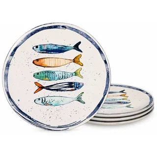 WestCraft Speiseteller Teller, mediterran mit Sardinen-Motiv, Maritime Speiseteller 26 cm, (4 St), 4er Set, hochwertig und robust - langlebig und vielseitig einsetzbar weiß