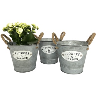 OF 3 runde Blumentöpfe, Eimer aus Zink und Schriftzug “Flowers & Garden“ - Garten Blumentopf Set (3 kleine Eimer P16)