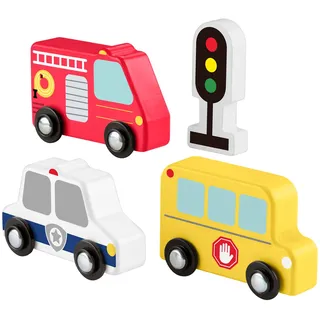 Fisher-Price Mein Holzauto-Set für Kleinkinder, 4-teiliges Holzset mit Feuerwehrauto, Schulbus und Polizeiauto für Kinder ab 2 Jahren, JCY32