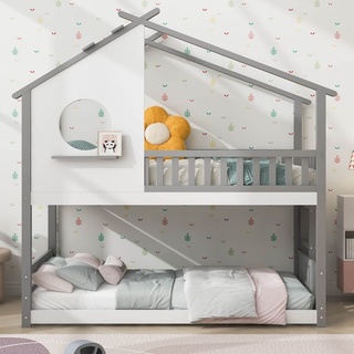 AMDXD Home Hausbett, Etagenbett mit rechtwinkliger Leiter, Kinderbett mit Fallschutz und Barriere, Hochbett Rahmen aus Kiefernholz, Grau, weiß (90x200cm)