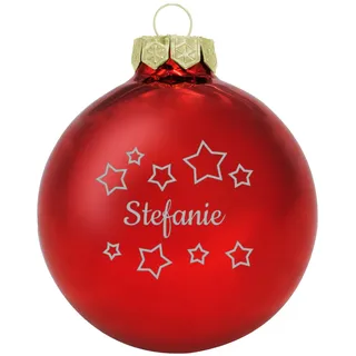 Deitert Weihnachtskugel mit Namen oder Wunschtext graviert, Ø 8cm, personalisierte Christbaumkugel aus Glas (glänzend), individueller Weihnachtsbaumschmuck mit Gravur, Sternen-Motiv, Rot