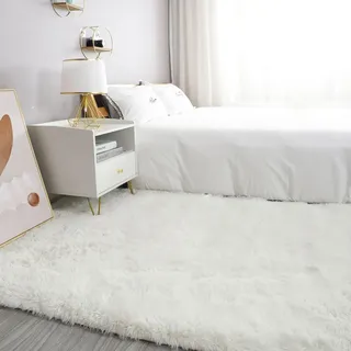 XUEDNGM Hochflor Teppich Wohnzimmer 140 x 140 cm Prämie Dick Teppich Teppich Wohnzimmer Hochflor Waschbar Bis 30 Grad, Super Soft, Anti-Rutsch, Flauschig für Wohn Schlafzimmer, Weiß