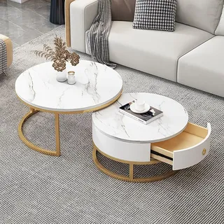 WYZCHDM 2er Set Kaffeetische, Rund Couchtisch Set, Sofatisch Mit Schublade, mit Gestell aus Marmor Schiefer Metallgestell moderner Teetisch, Für Wohnzimmer Schlafzimmer 70CM H