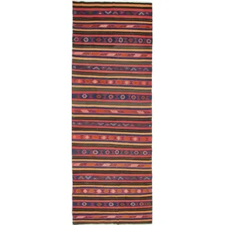 Nain Trading Orientteppich Perser Kelim Fars Azerbaijan Antik 441x156 Handgewebt Orientteppich, Läufer, Höhe: 0.4 mm grau|rot