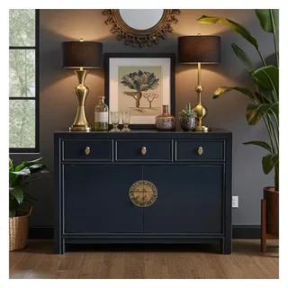 OPIUM OUTLET Kommode Vintage Schrank Sideboard blau asiatisch chinesisch orientalisch (B x T x H: 117 x 40 x 85 cm, Anrichte Buffet dunkel-blau), Asia Möbel Hochzeitsschrank komplett montiert
