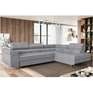 MEBLINI Schlafcouch mit Bettkasten - Ecksofa mit Schlaffunktion - Sofa mit Relaxfunktion und Kopfstützen - Couch L-Form - Eckcouch - Wohnlandschaft - MALIBA - 277x203x63cm Rechts - Grau Samt